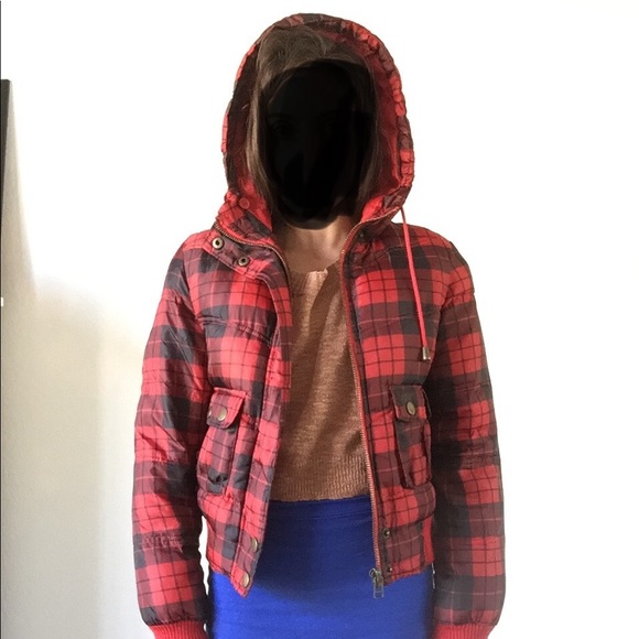H&M Black and red plaid hooded puffer jacket - Picture 5 of 8